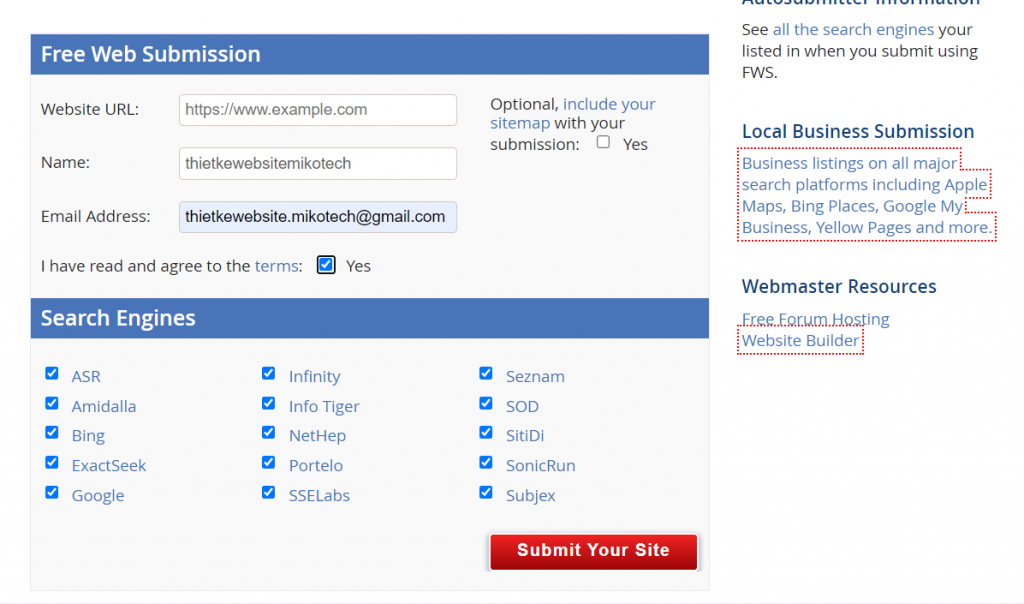 Đăng ký URL bài viết lên cỗ máy tìm kiếm Freewebsubmission