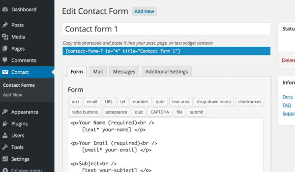 Giao diện edit contact form của Plugin Caontact Form 7