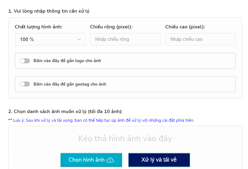 Tool nén hình, resize, gắn logo, geotag hình ảnh online miễn phí Power by SEOStartUp