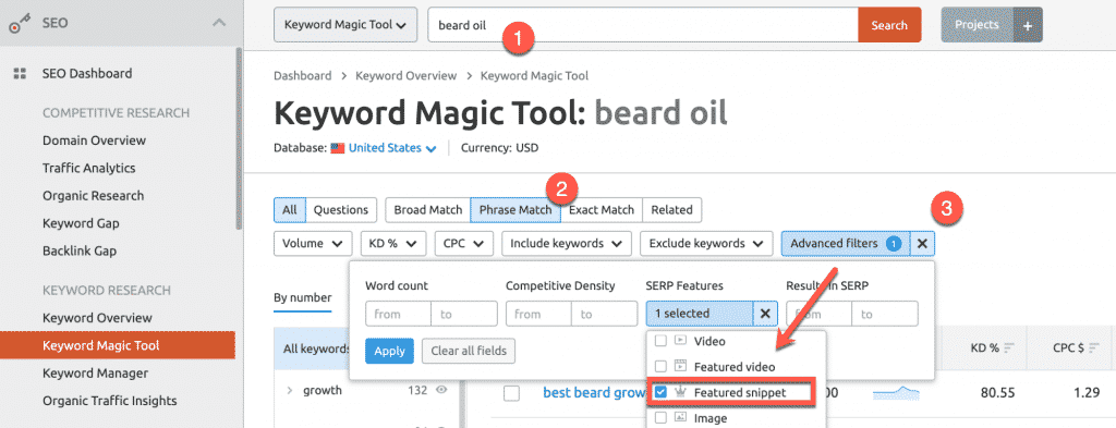 Lọc Featured Snippets theo Keyword Magic Tool