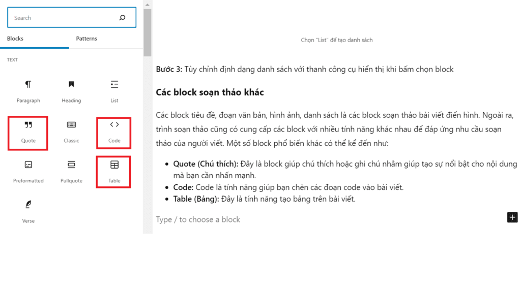 Các block soạn thảo khác