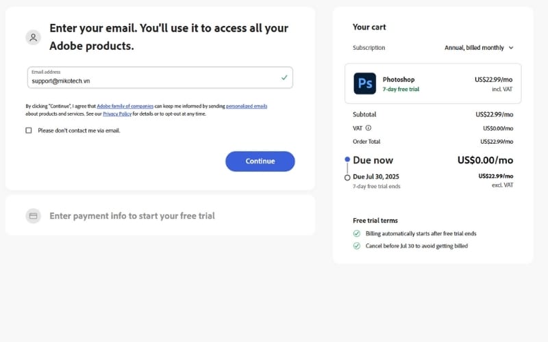 nhập email quản lý tài khoản adobe photoshop