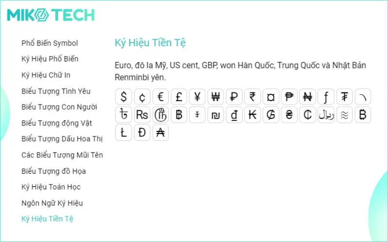 các ký hiệu tiền tệ