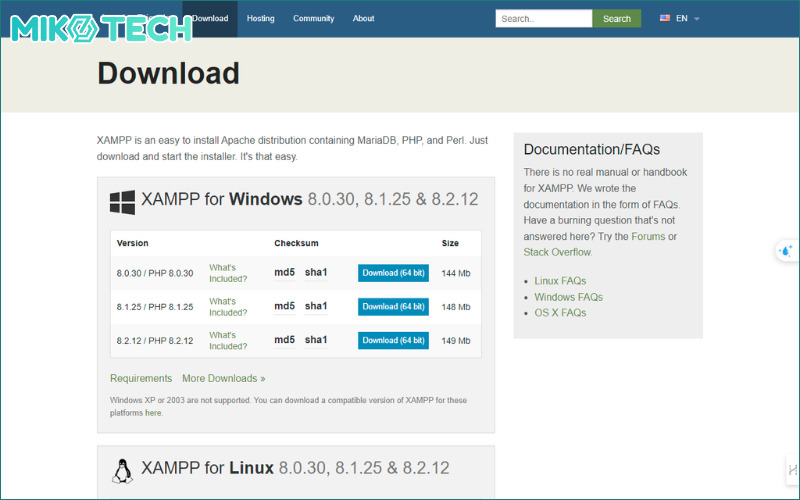 Giao diện tải phần mềm XAMPP