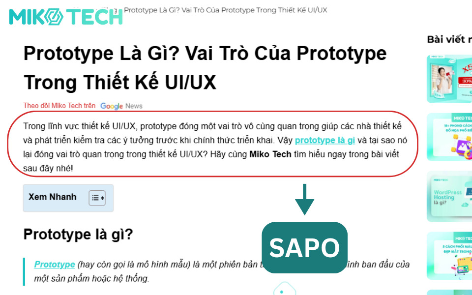 Vị trí của sapo trong bài viết
