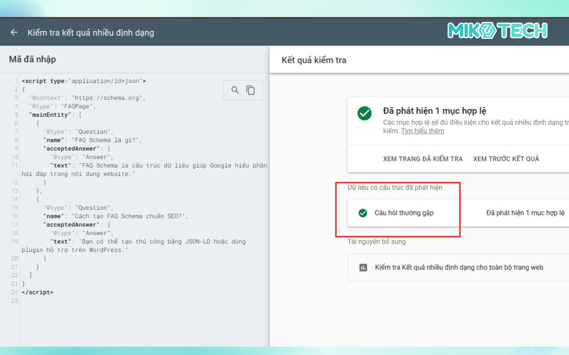 Hiển thị kết quả trên Rich Results Test