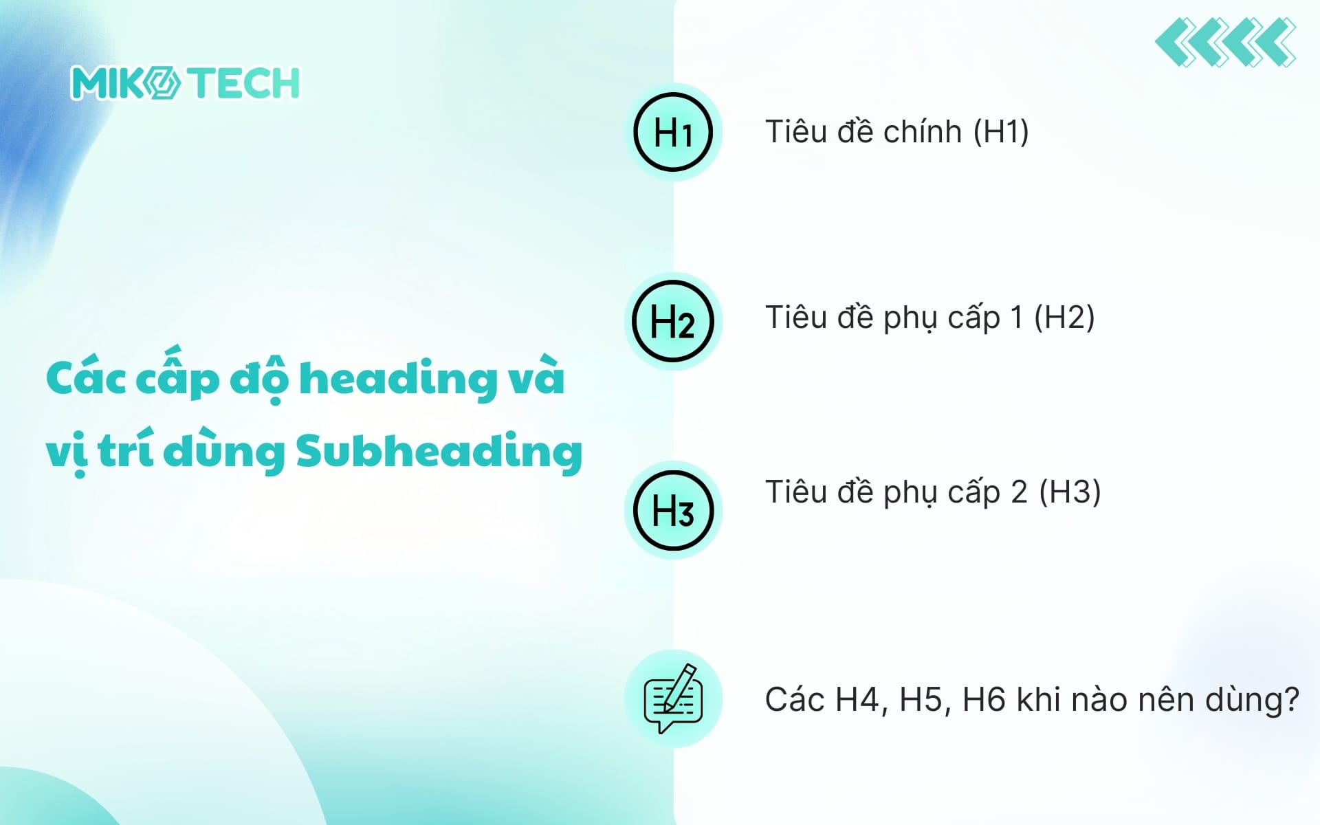 Các cấp độ heading và vị trí dùng Subheading