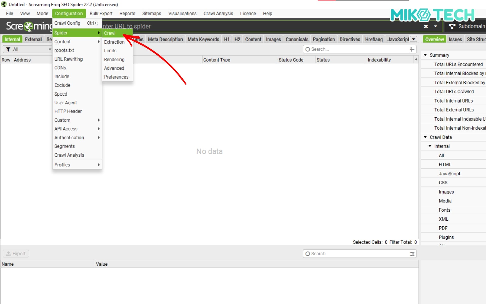 Screaming Frog là gì? Hướng dẫn chi tiết cho người mới 3 Chọn Spider và chọn Crawl