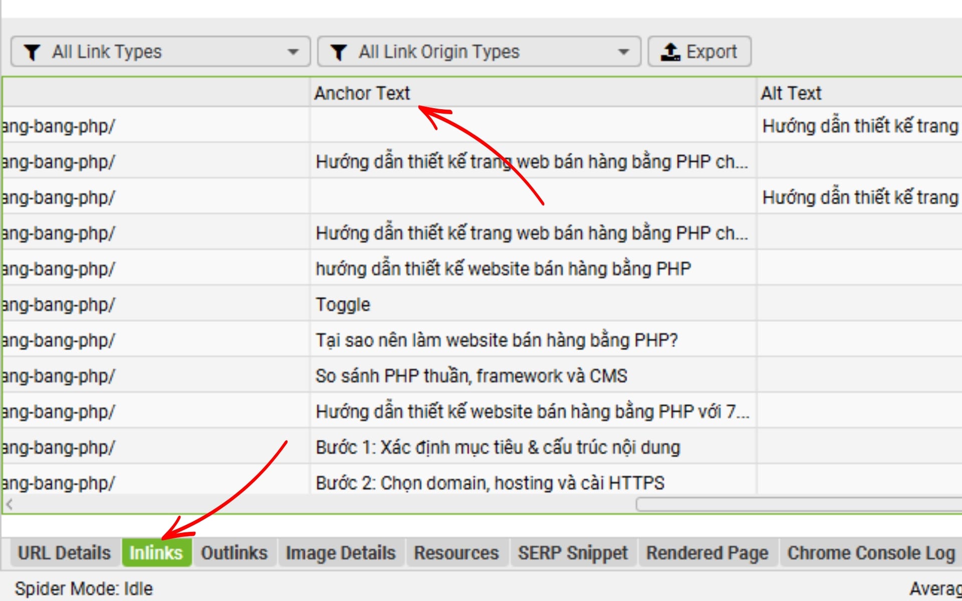 Screaming Frog là gì? Hướng dẫn chi tiết cho người mới 15 Chọn tab Inlink để xem Anchor Text
