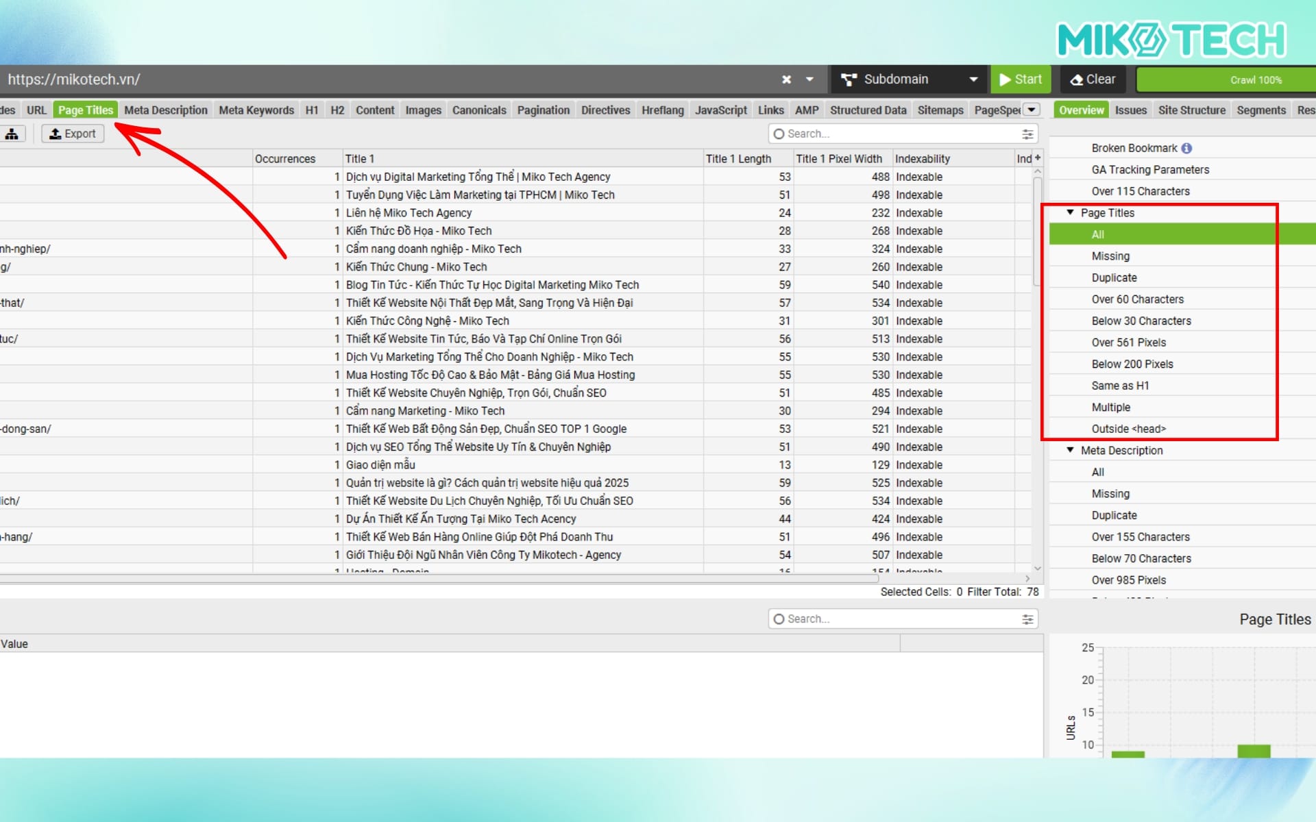 Screaming Frog là gì? Hướng dẫn chi tiết cho người mới 7 Chọn tab Page Title để kiểm tra tiêu đề