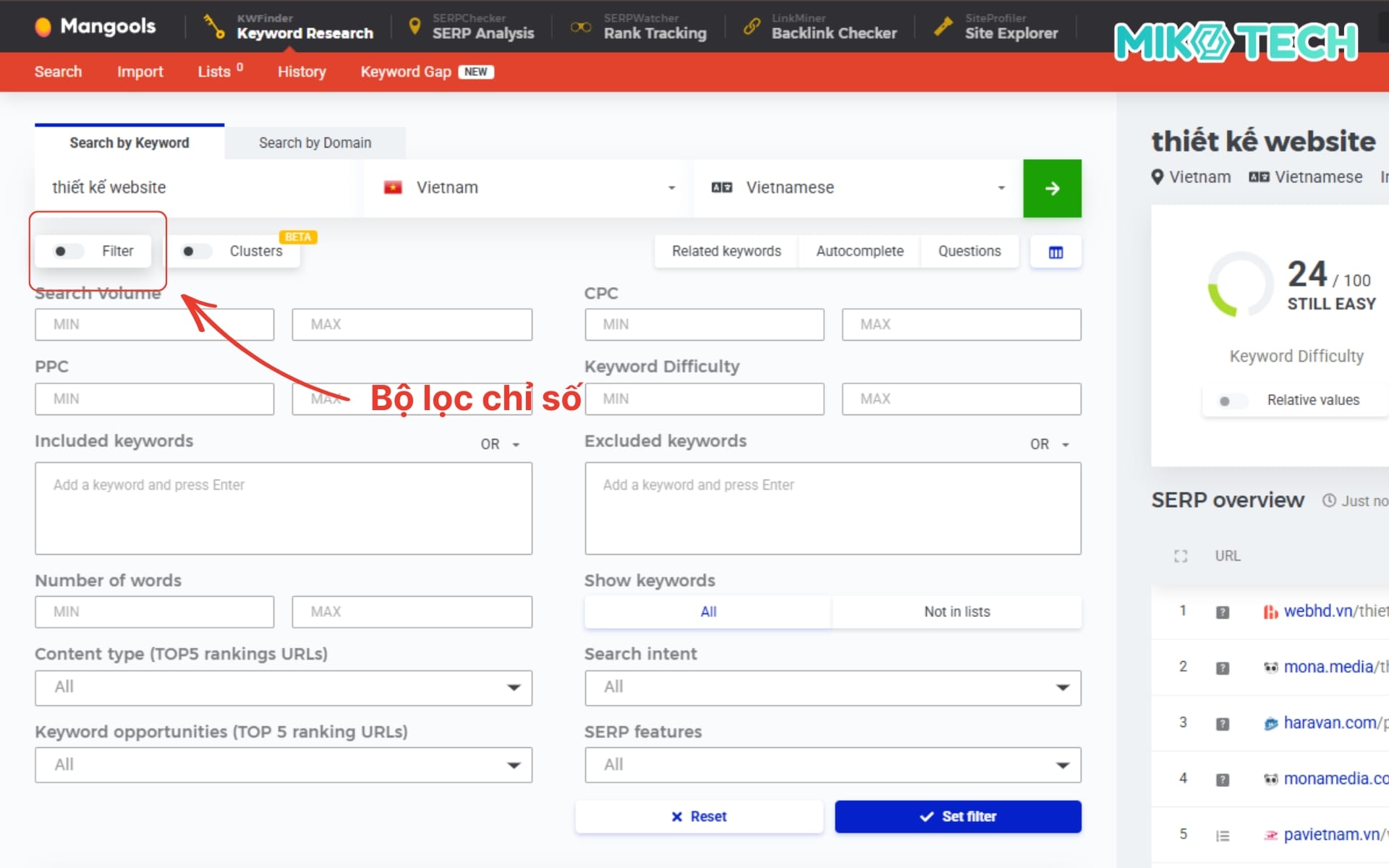 Lọc kết quả theo ngôn ngữ, vị trí, volume và độ khó