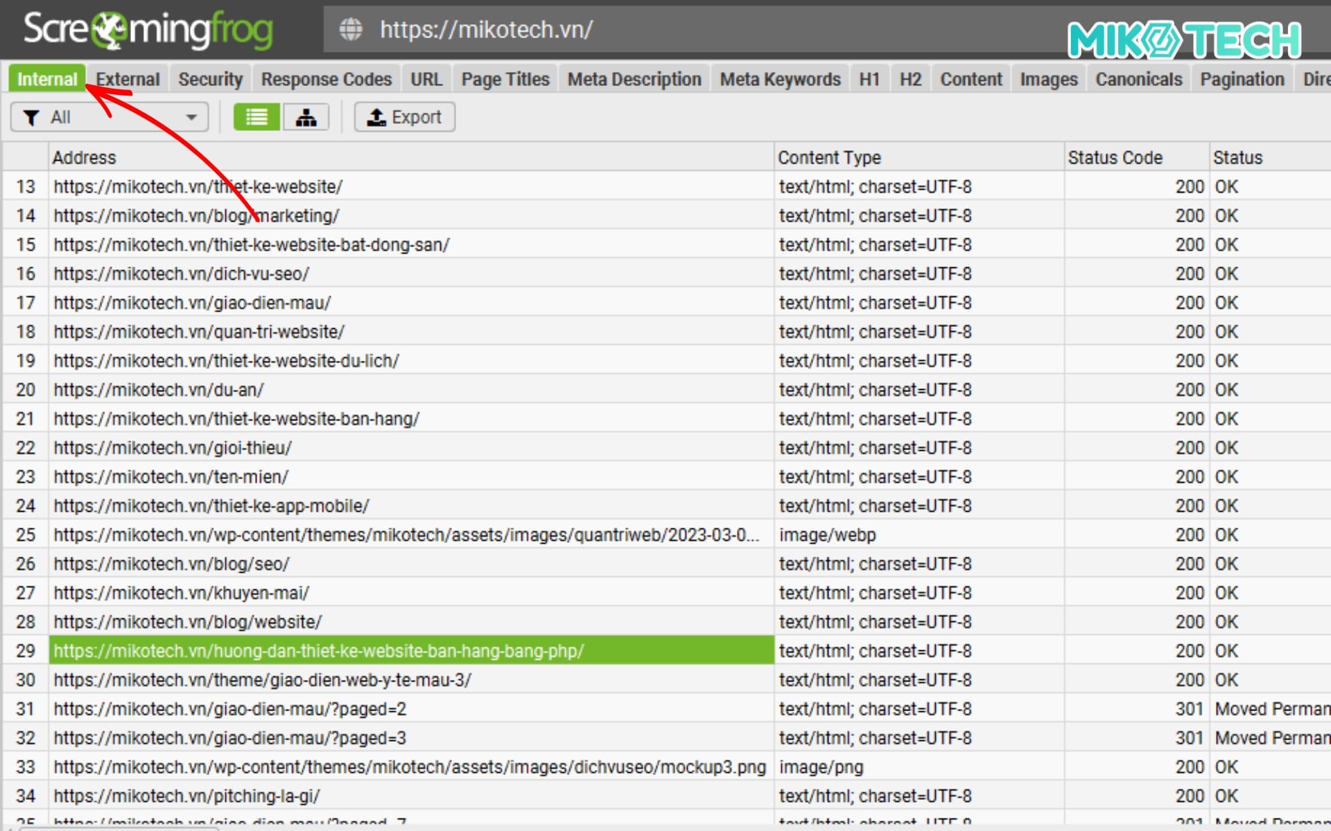 Screaming Frog là gì? Hướng dẫn chi tiết cho người mới 14 Chọn 1 URL bất kỳ để kiểm tra Anchor Text