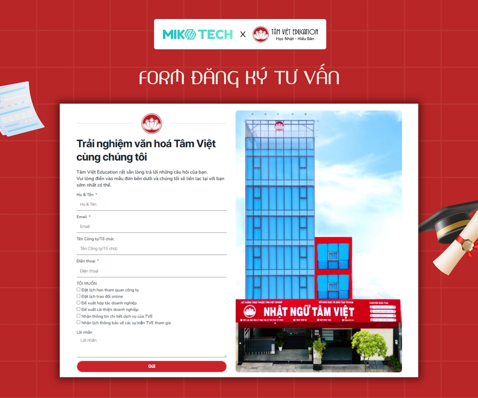 Dự án Tâm Việt Education 3 Form đăng ký website Tâm Việt Education