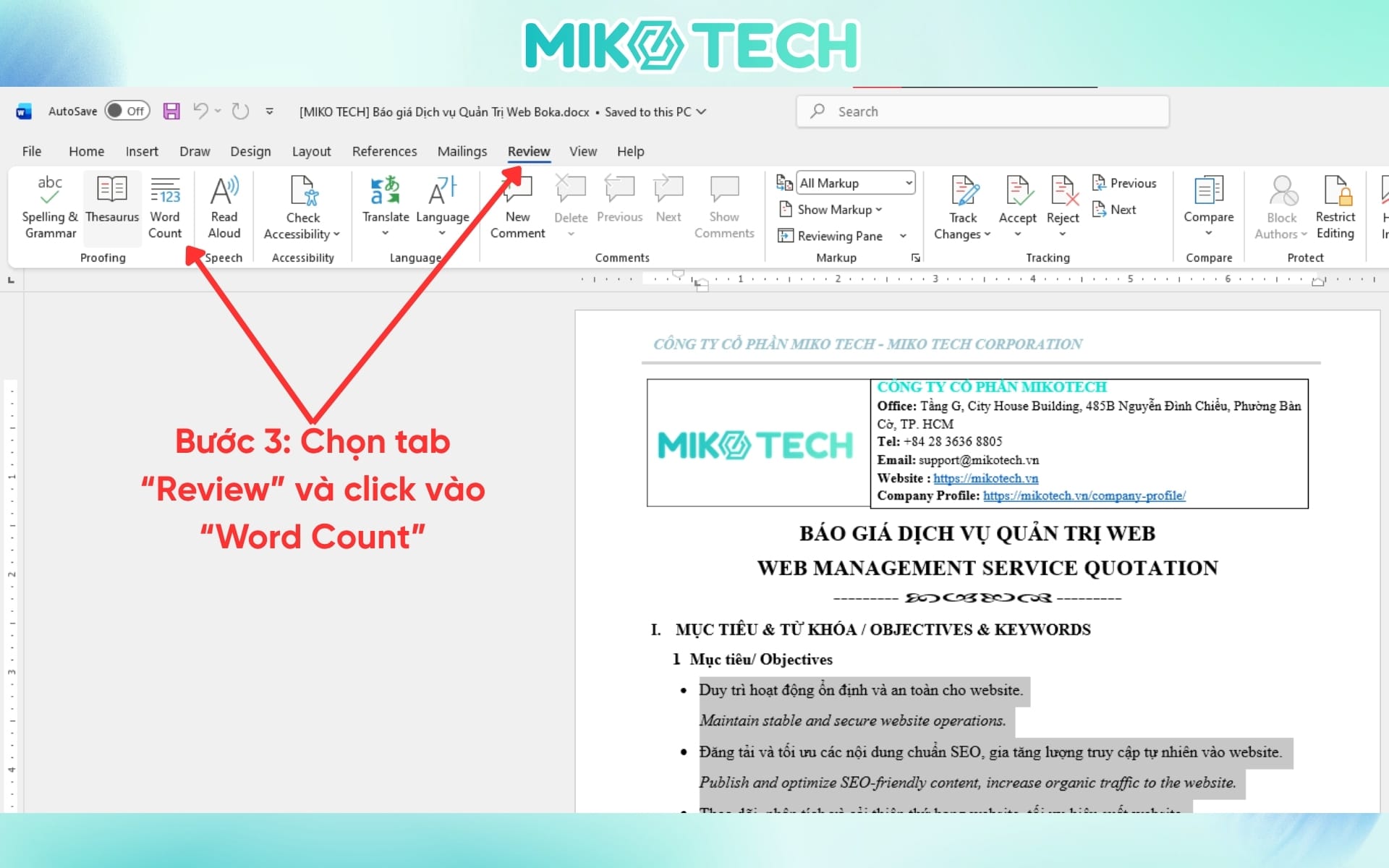Bước 3: Chọn “Review” trên thanh Status Bar, Click vào mục “Word Count” (Số từ)