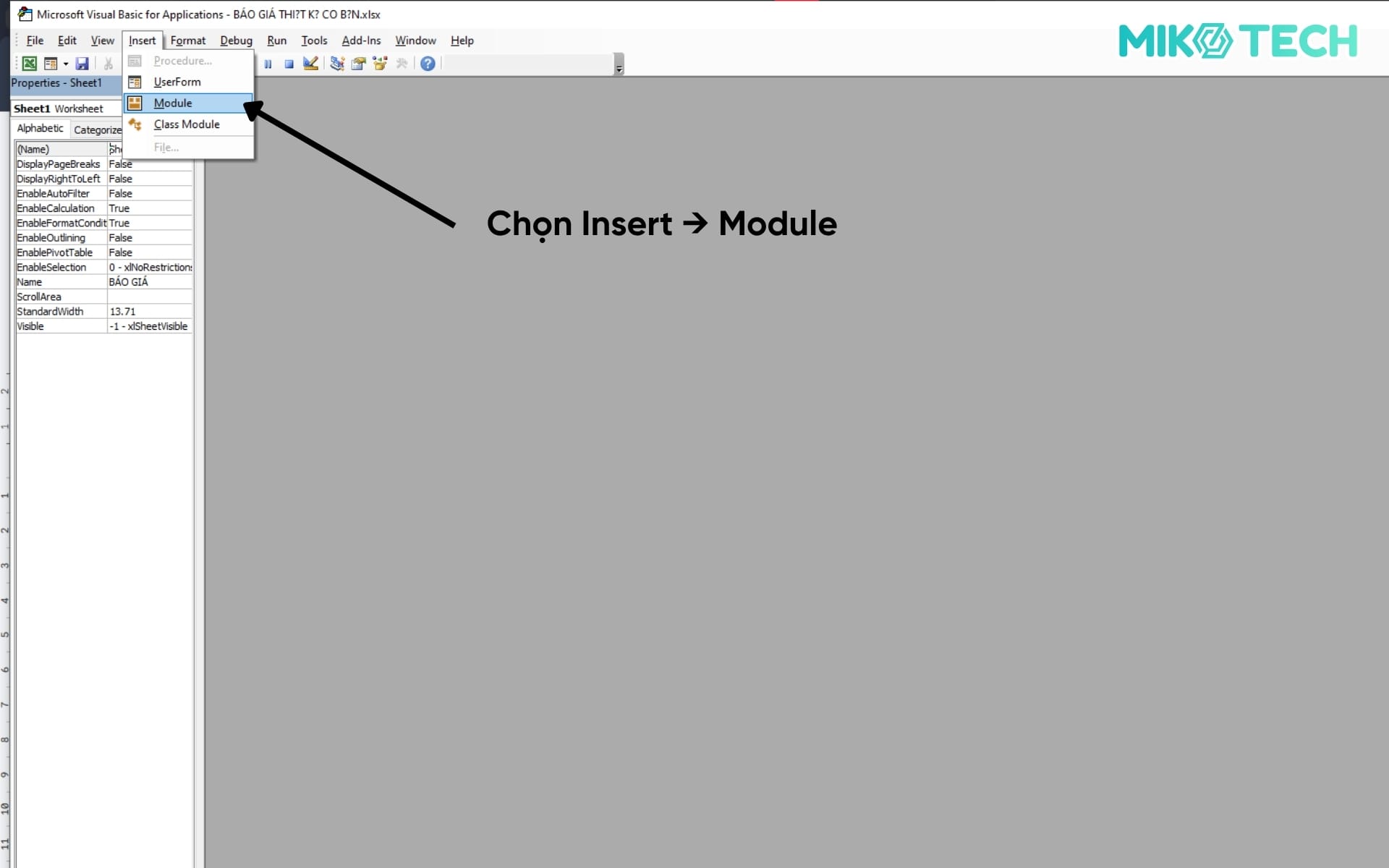 Bước 2: Chọn Insert > Module